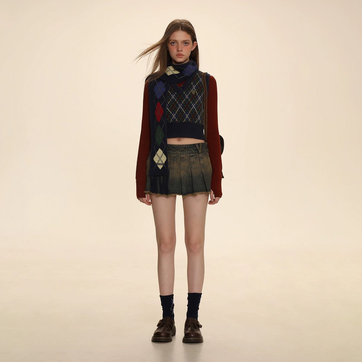 Wasteland Style Denim Pleated Skirt