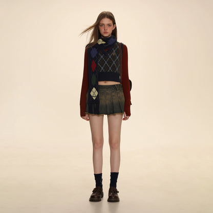Wasteland Style Denim Pleated Skirt