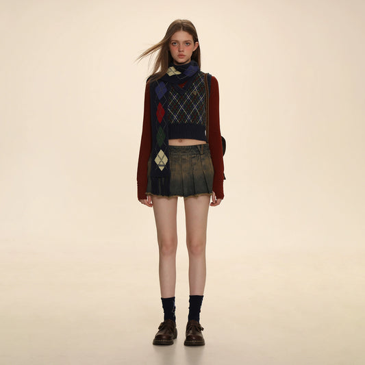 Wasteland Style Denim Pleated Skirt