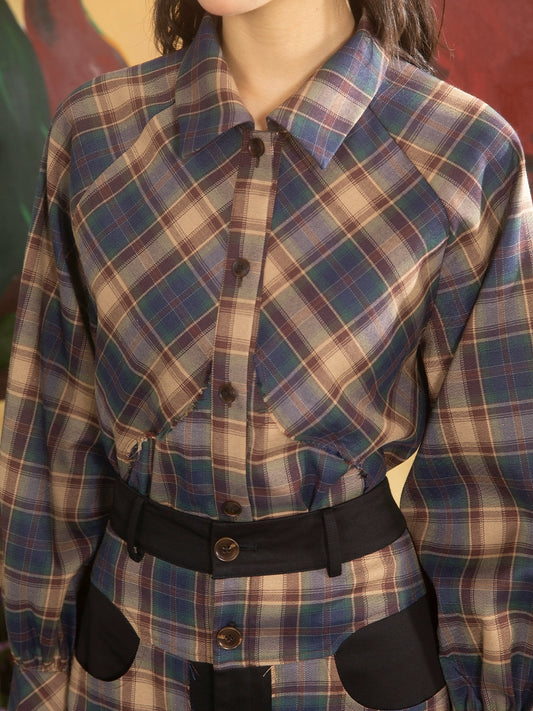 격자 무늬 패치 워크 : 느슨한 셔츠 및 스커트 세트