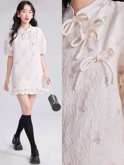 Original design by You'er Peach Zhi Yao Yao Peach Pink Tulip New Chinese Jacquard Bow Tie Dress