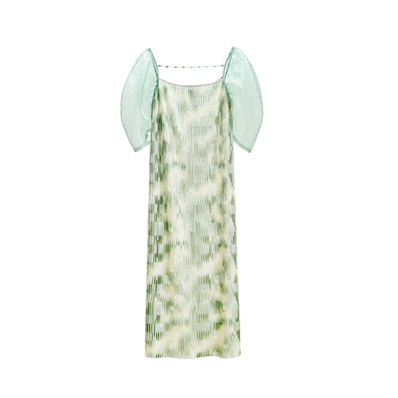 Original Design Jasmine Matcha Bubble Sleeve Halo Dye Printed Texture Pleated Organza Dress