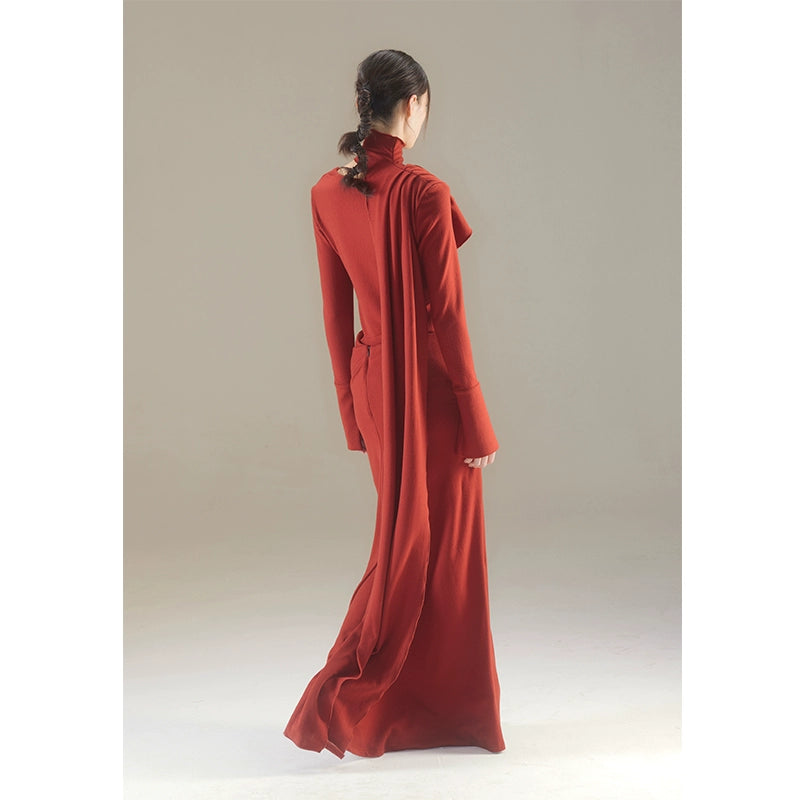 Autumn Red Ribbon Knitted Hollow Dress