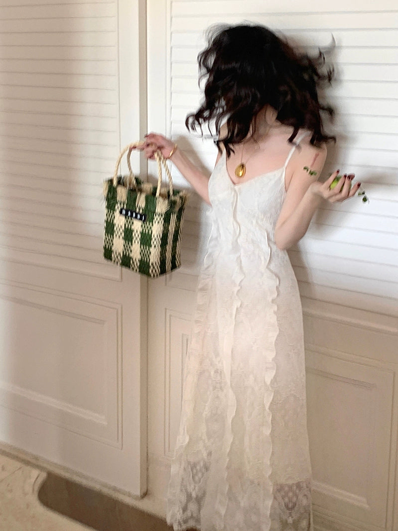 French Elegance: Deep V Lace Strap Dress