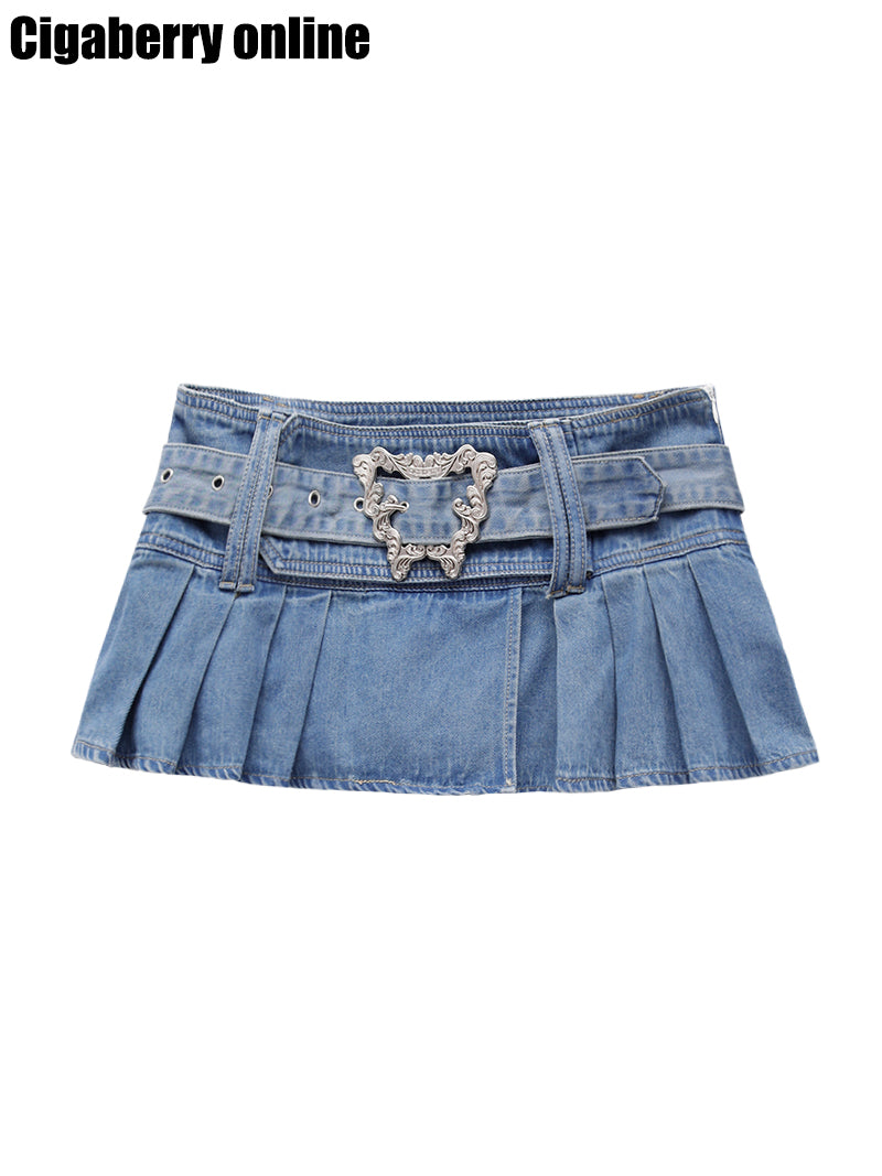 Denim Pleated Skirt + Belt