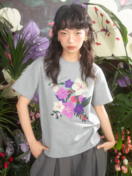 Oil Painting Cherry Blossom Grey T-shirt