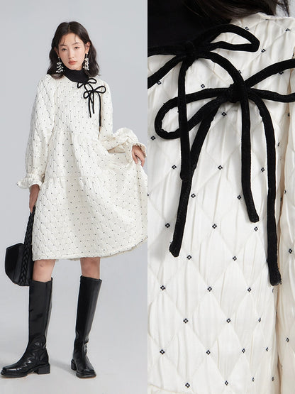 Original and niche design with ears, velvet bow, diamond pattern jacquard, thickened cotton jacket, puffy dress