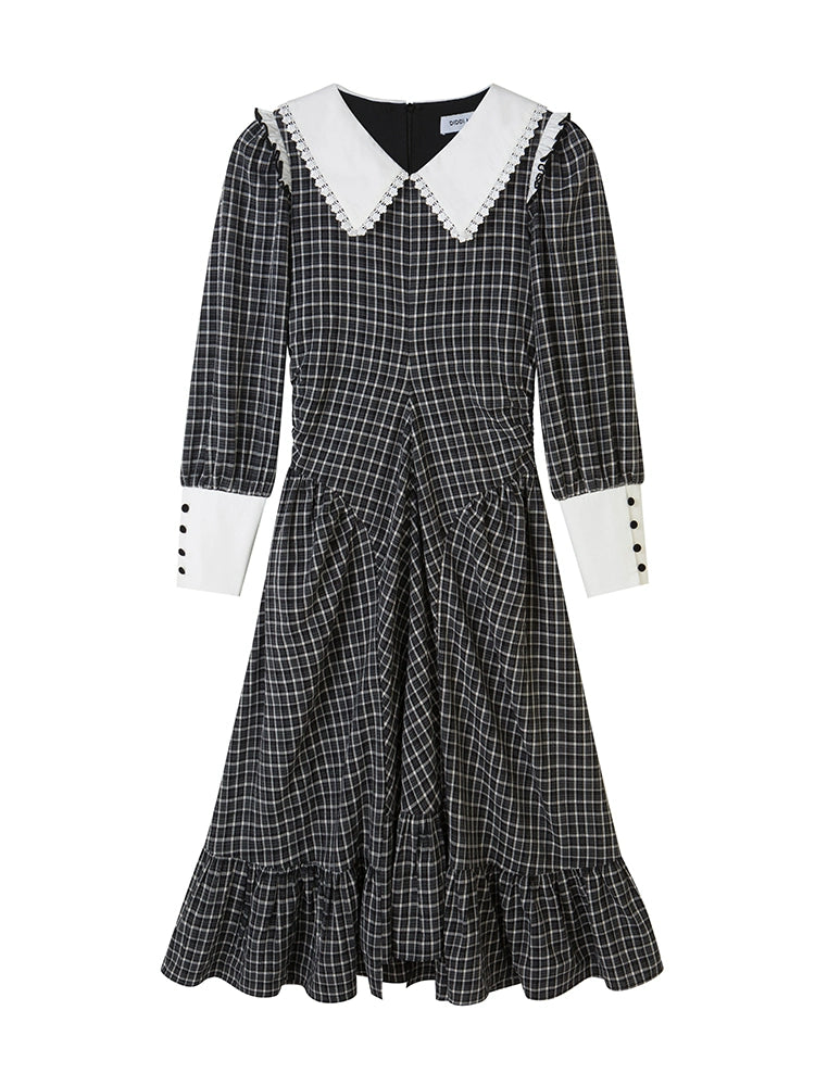 Retro Plaid - Large Lapel Long Dress