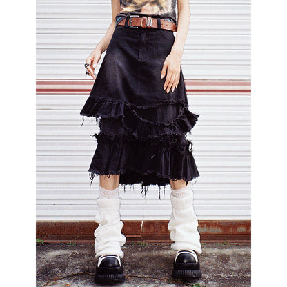 RUFFERED DENIM SKIRT