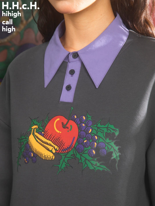 Fruit Print Contrast Long Sleeve Polo Sweater