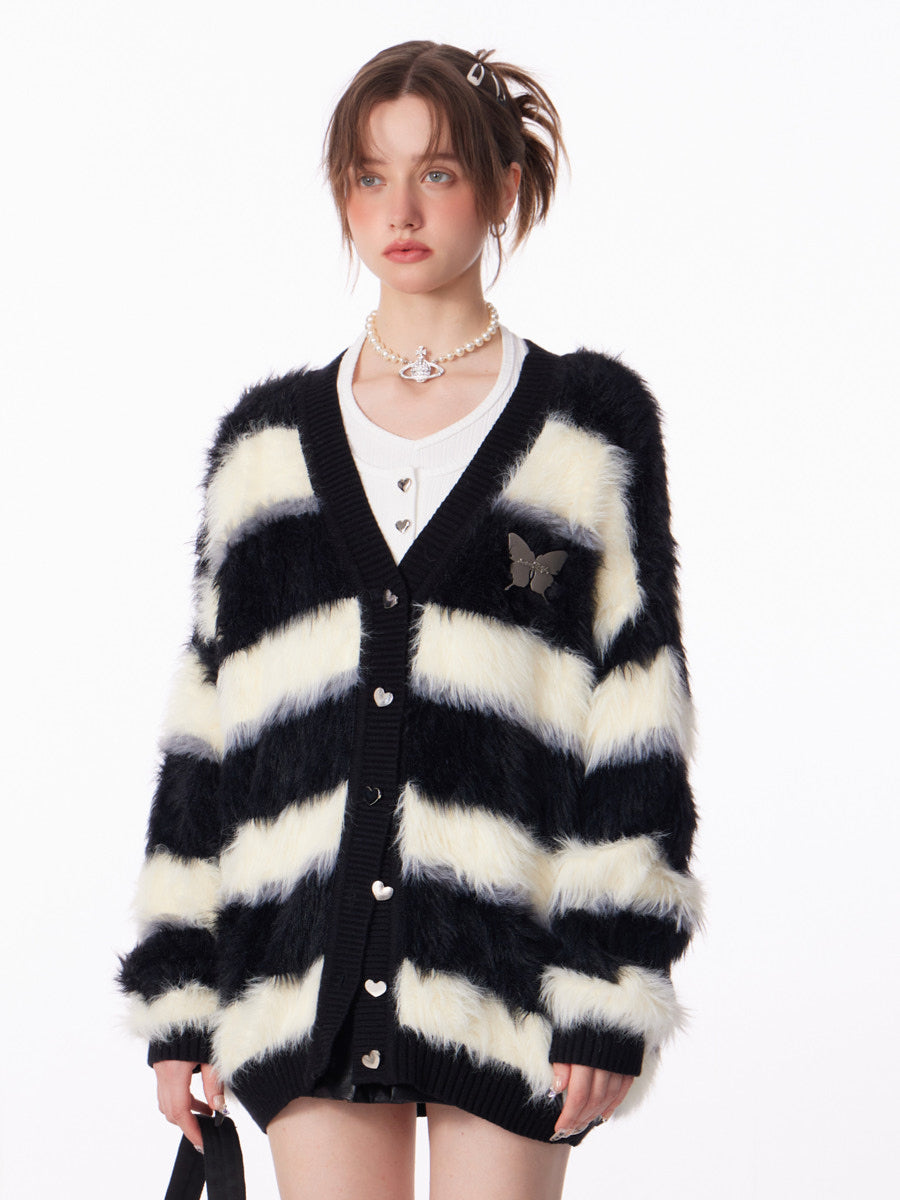 Black and White Stripes Glutinous Cardigan - Design Sense