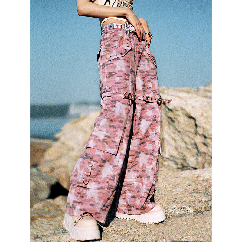 Pink Star Camo Printed Pants Cool Low Waist