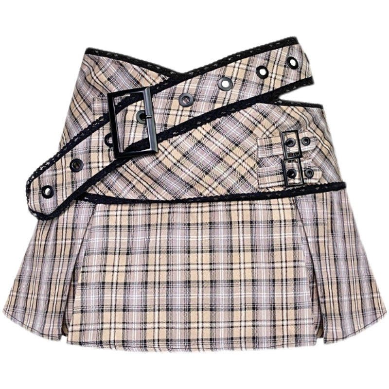 Hollow Waist Plaid Pleated Skirt