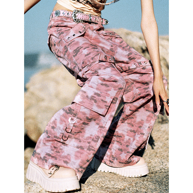 Pink Star Camo Printed Pants Cool Low Waist