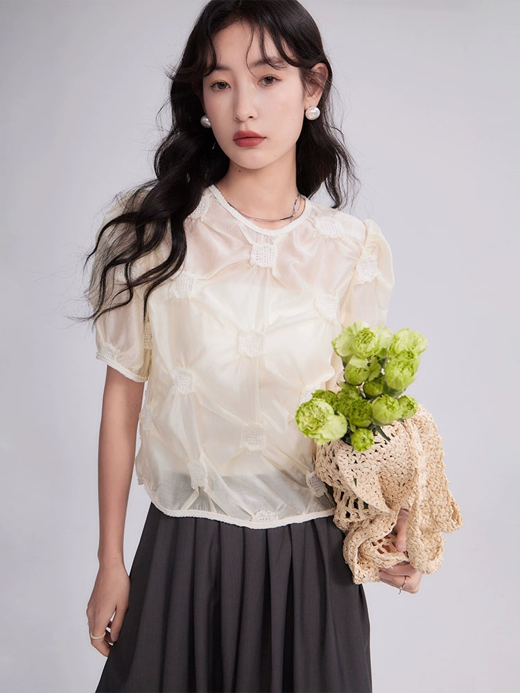 Original Design Apricot Rain Pear Cloud Heavy Industry Weaving Embossed Imitation Sky Silk Clear Short Sleeve Top