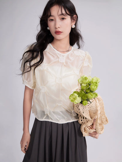 Original Design Apricot Rain Pear Cloud Heavy Industry Weaving Embossed Imitation Sky Silk Clear Short Sleeve Top