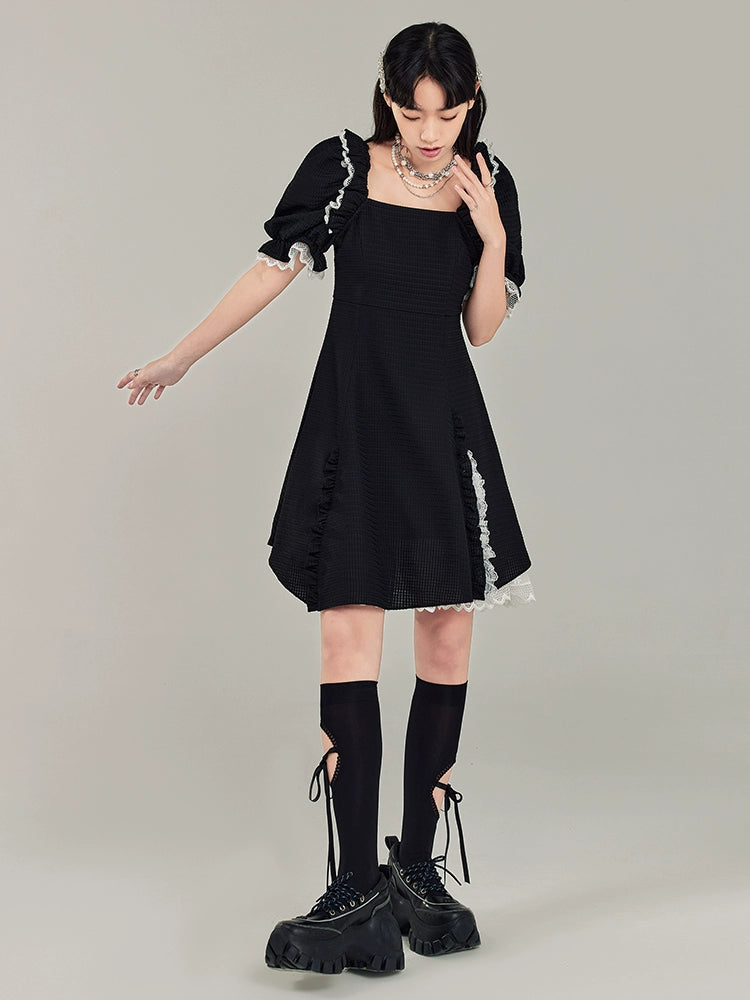 Square Neck - Bubble Sleeve Black Dress