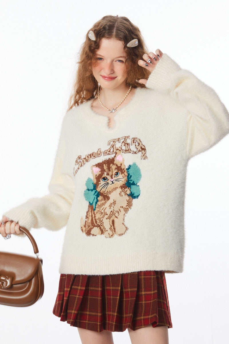 White Cat Embroidery Mink Hair Sweater - Design Sense