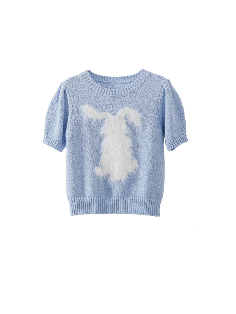 Milk Fierce Little Rabbit, Milk Blue Dropped Ear Rabbit, Imitation Mink Hair Round Neck, Short Sleeve Knitted T-shirt