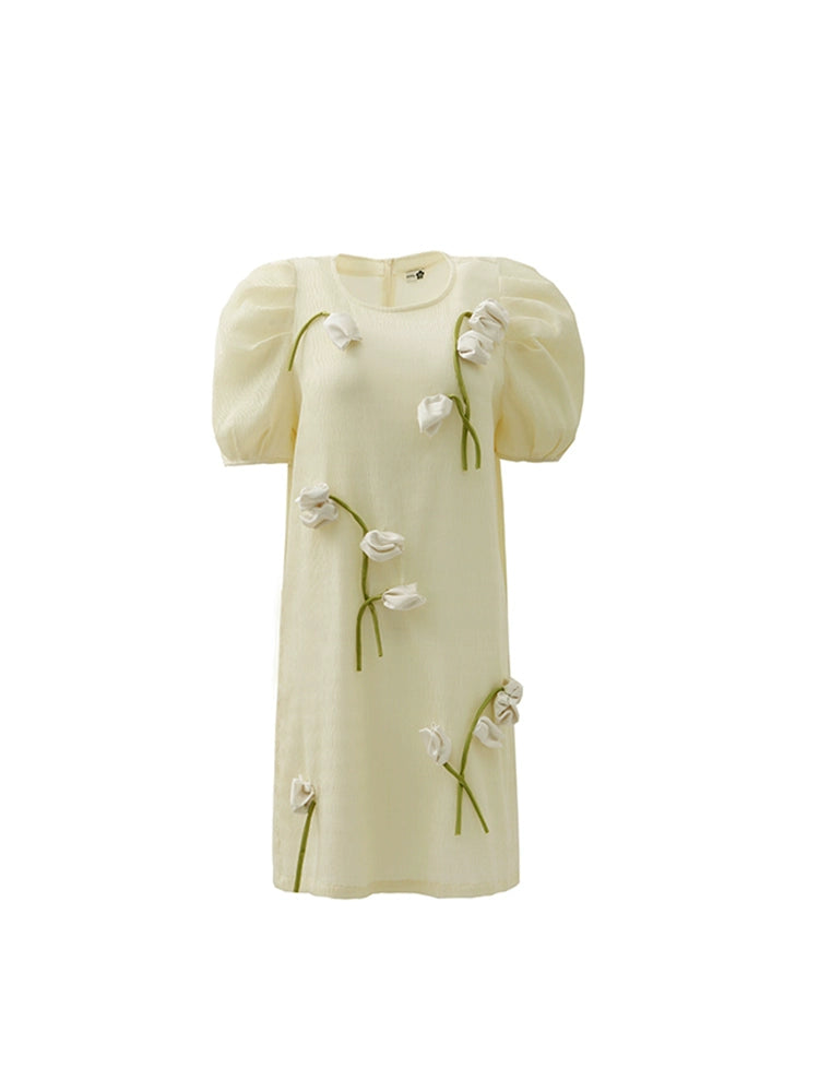 Original Design Seed Germinated Handmade Tulip Bubble Sleeves Loose Straight Dress