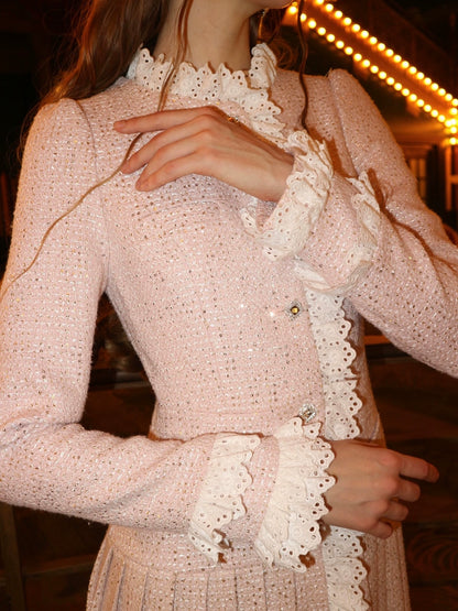 Champagne rose étincelant en dentelle longue manteau avec boucle de bijoux