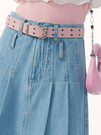 Vintage High Waist Denim Pleated Skirt