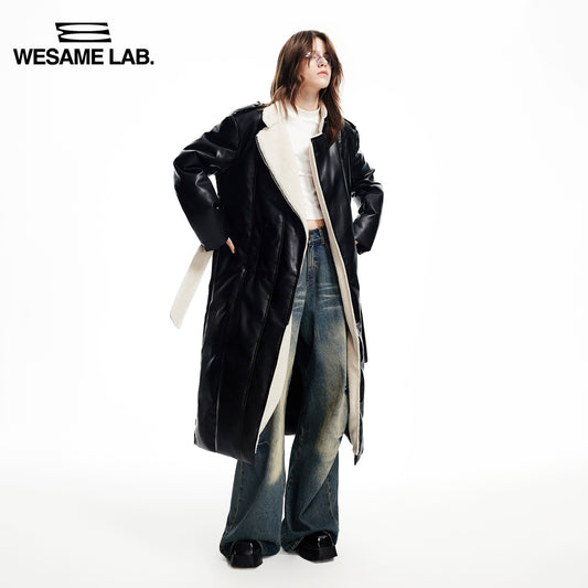 Standing Neck Oblique Zipper Matte Long Leather Loose Down Coat