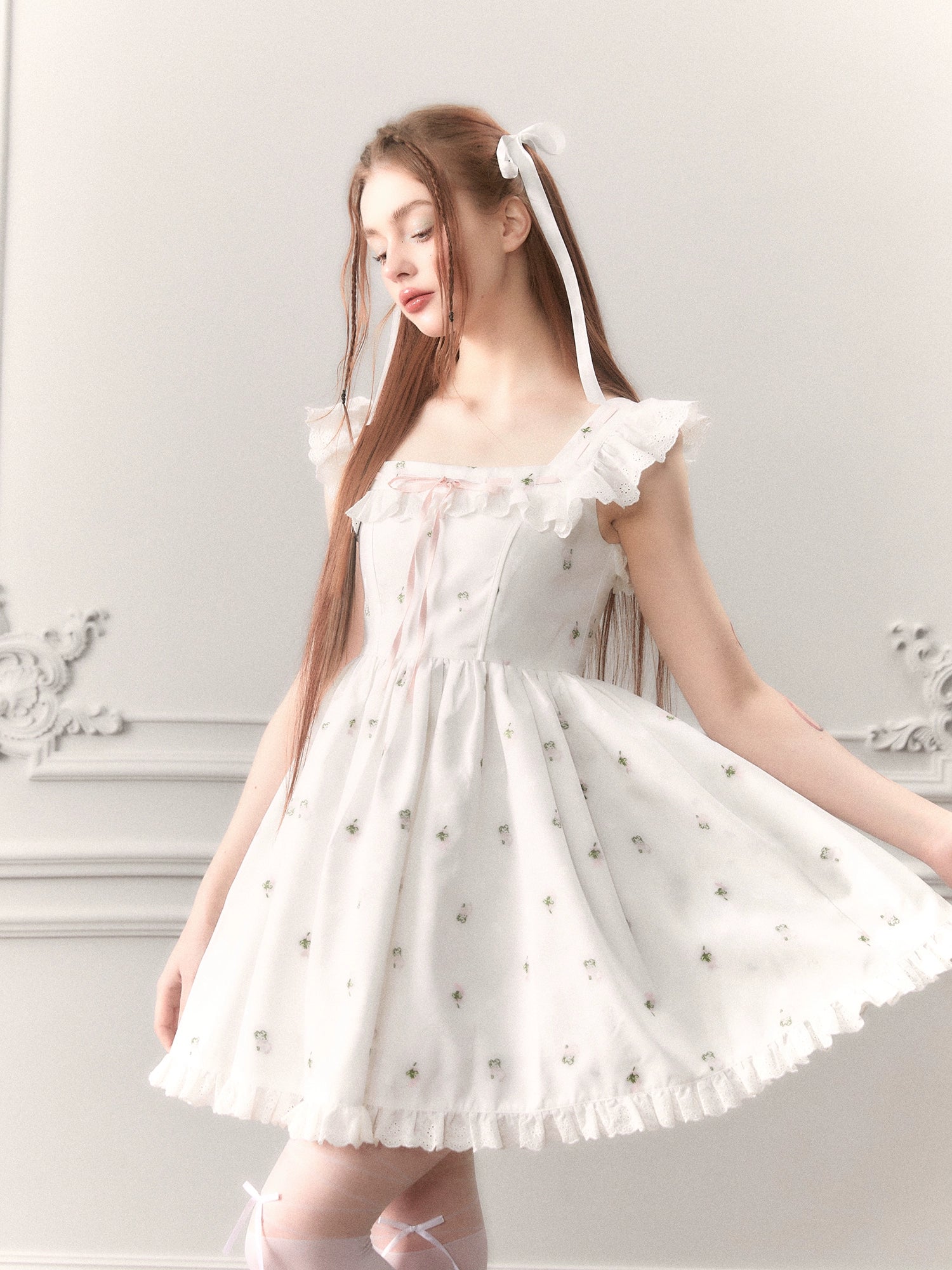 Rose Lace Dress: Square Neck, Bow Tie, Bunny Waist