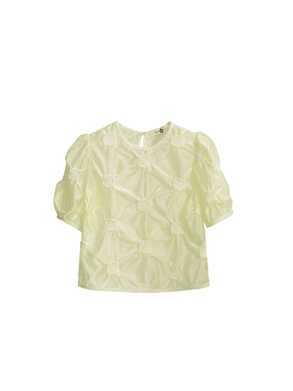 Original Design Apricot Rain Pear Cloud Heavy Industry Weaving Embossed Imitation Sky Silk Clear Short Sleeve Top