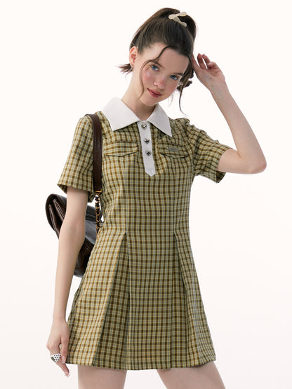 Slim Plaid Polo Collar Yellow Dress - College Style