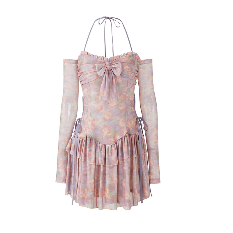 Neon Blossom Charm - Elastic Bow Neck Dress