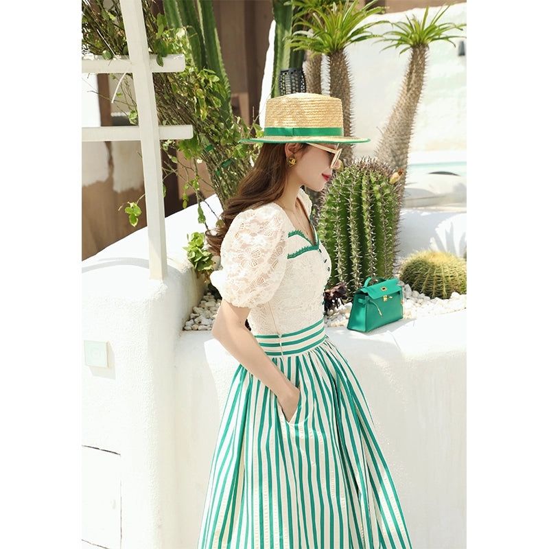 Breeze Green Lace Top & Striped Skirt Set