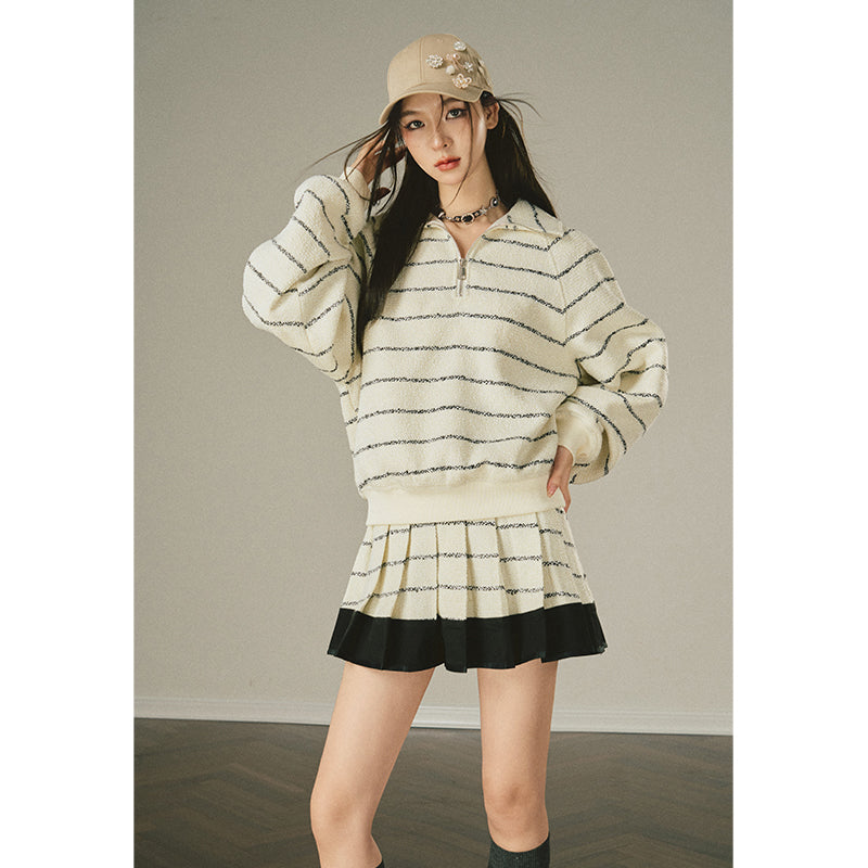 Stripe Polo Top & Pleated Skirt Set