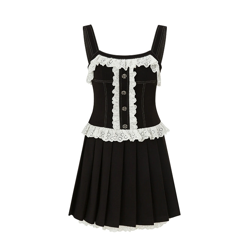 Black Camellia Pleated Lace Skirt