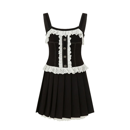 Black Camellia Pleated Lace Skirt