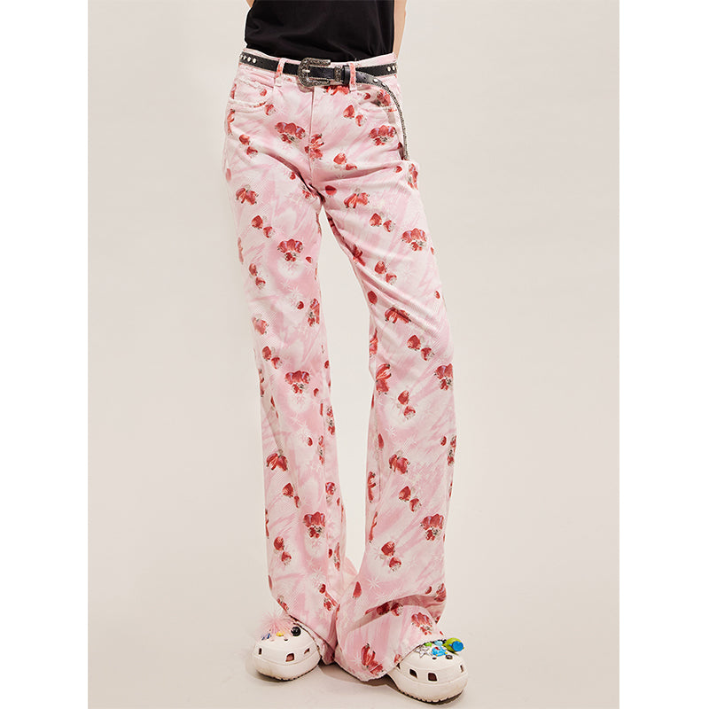 Strawberry Printed Denim Flare Pants