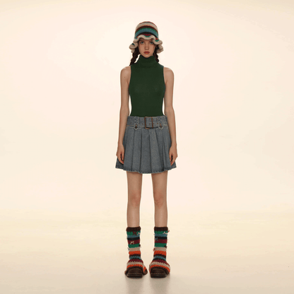 Falda plisada vaquera con cintura ancha y hardware cuadrado para mujer, nueva falda acampanada retro adelgazante de cintura alta