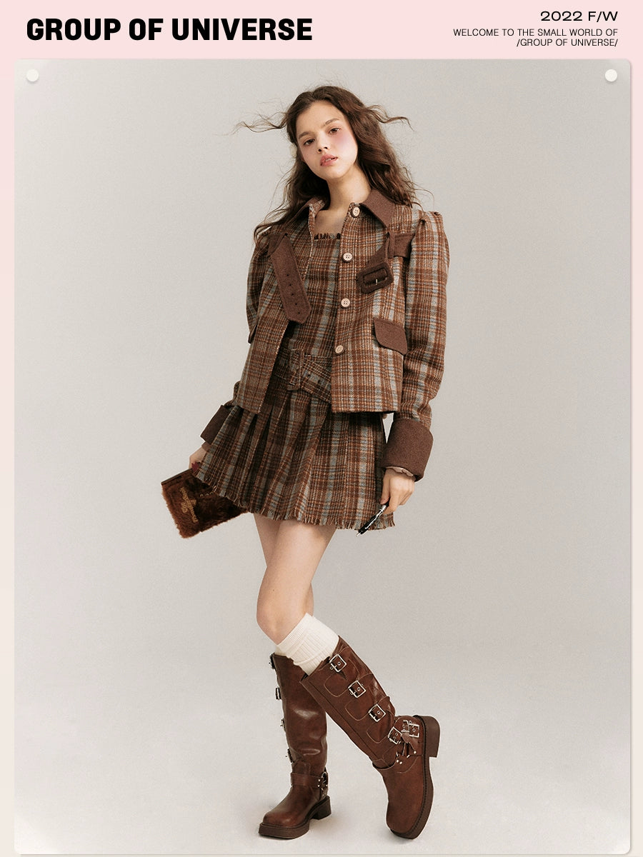 Plaid Teatime - Warm Brown Woolen Belted Coat