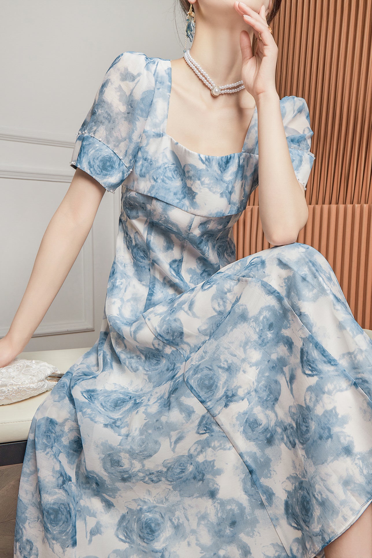 Blue Floral Square Neck Dress