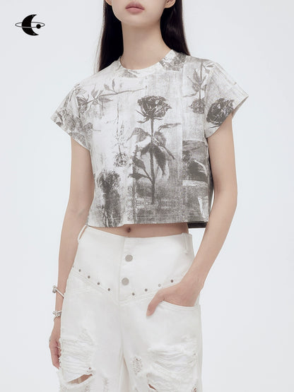 Mist Forest Rose Print Cotton Tee