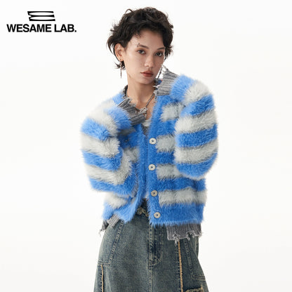 Mohair Contrast Stripes Imitation Mink Fleece V-Neck Cardigan