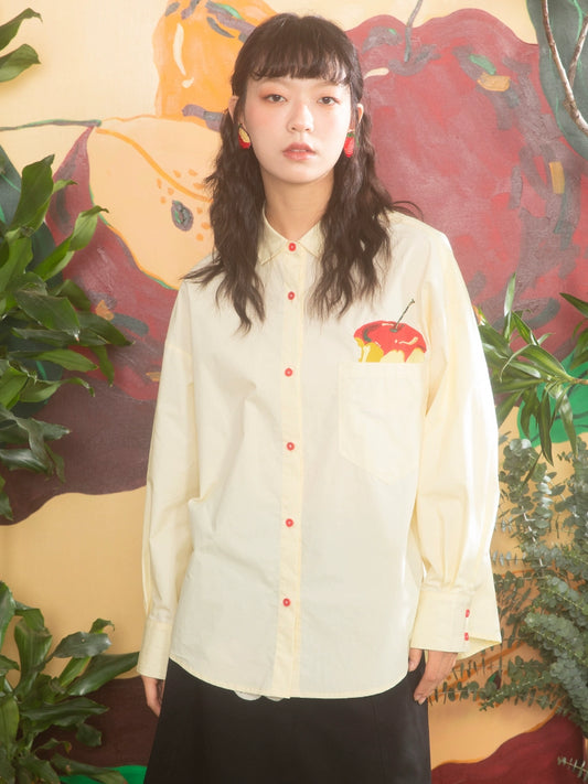 Red Apple Embroidery Off White Loose Shirt