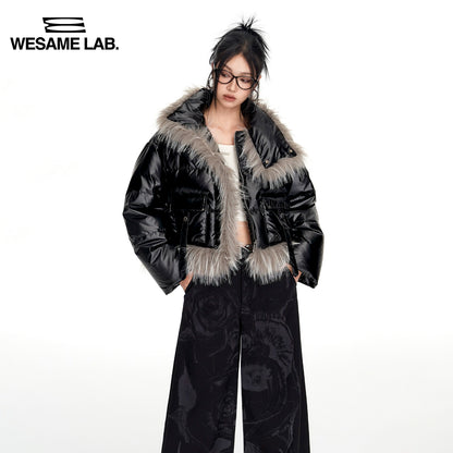 Hiver noir Eco Friendly Cuir chaud Lightweight Short Fur Pocket Up Up Collar Down Coat Femmes