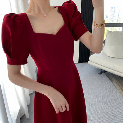 Red Square Neck Engagement Dress