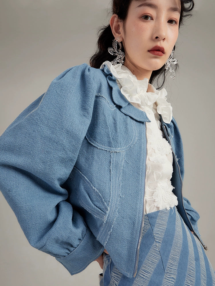 Original and niche design with ears, unique and romantic retro short style wooden ear edge bubble sleeve denim jacket for women