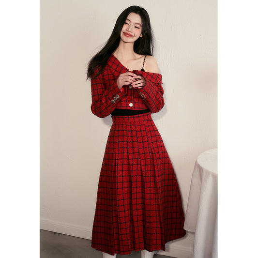 Red Checkered Off Shoulder Set