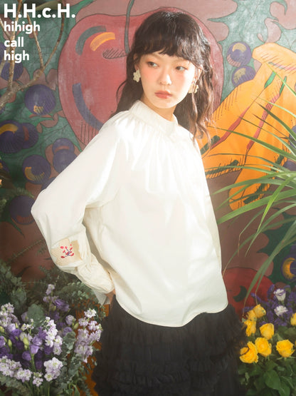 Cherry Blossom: Beige Pleated Long Sleeve Shirt