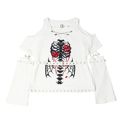 Skull Button Removable Sleeve Tee - White