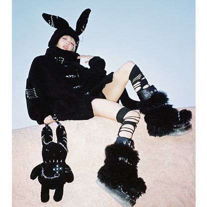 Rebellious Bunny Artificial Lamb Plush Coat Original Design with Punk Elements