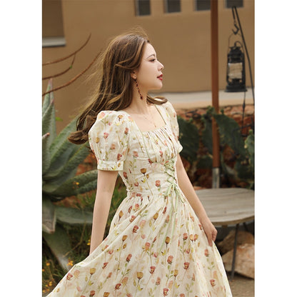 Spring Wild Poetry Cotton Lace-Up Slim Dress